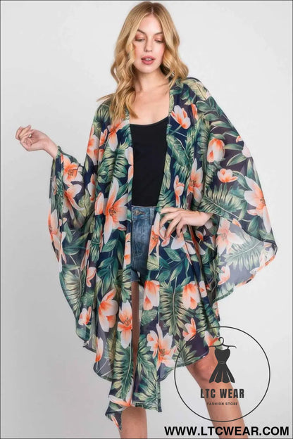 Tropical Flower Leaves Print Shawl Cover-up