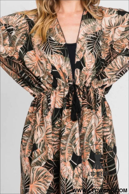 Tropical Leaves Print Self-tie Drawstring Cover Up