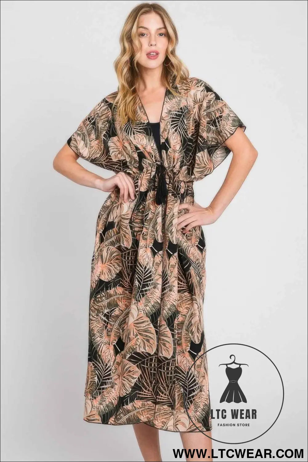 Tropical Leaves Print Self-tie Drawstring Cover Up