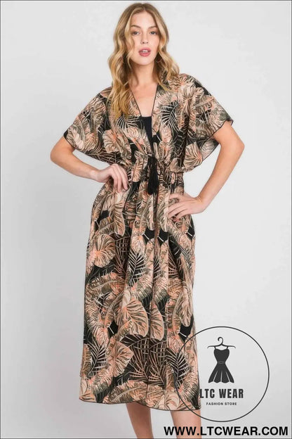 Tropical Leaves Print Self-tie Drawstring Cover Up