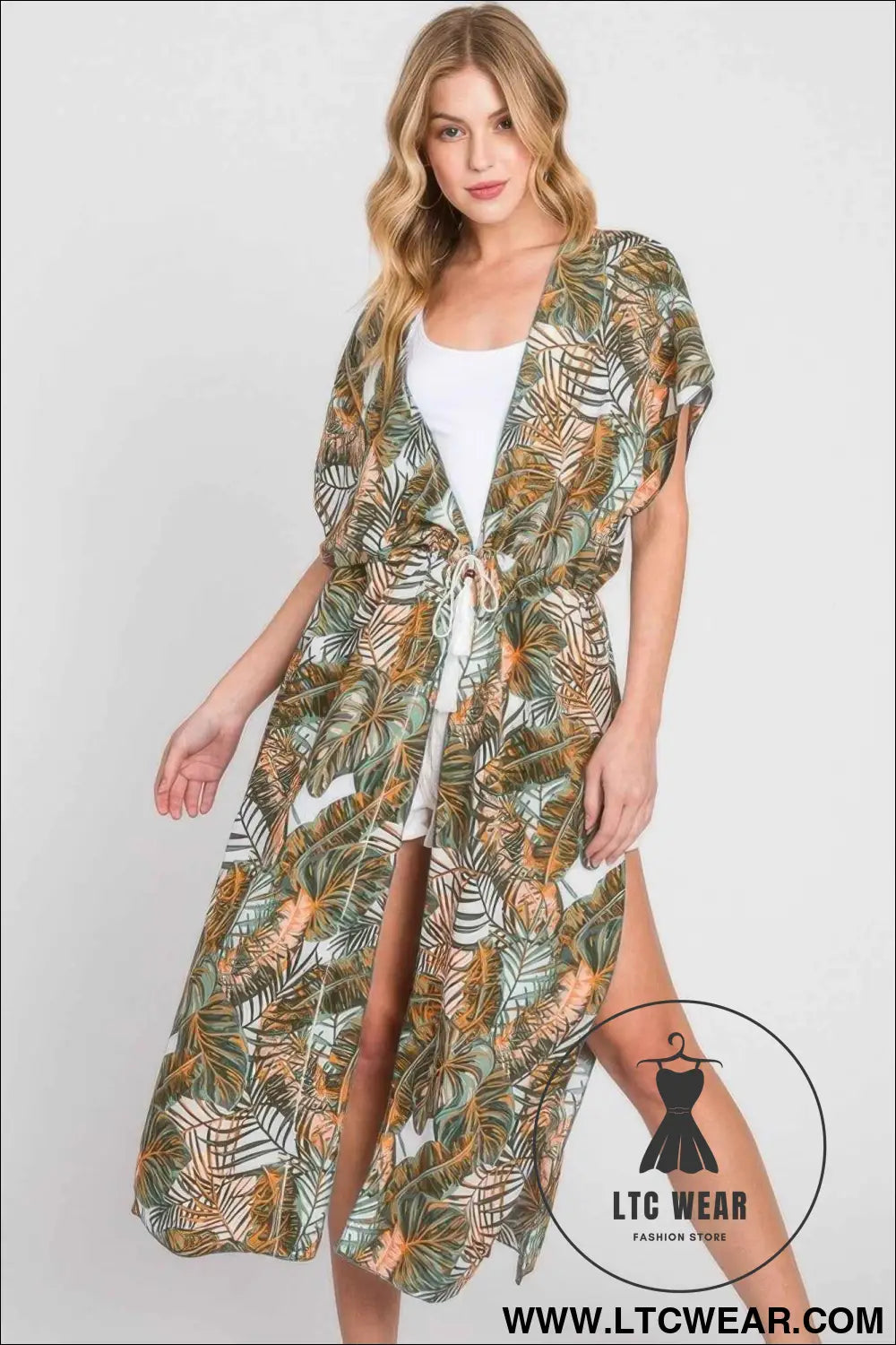 Tropical Leaves Print Self-tie Drawstring Cover Up
