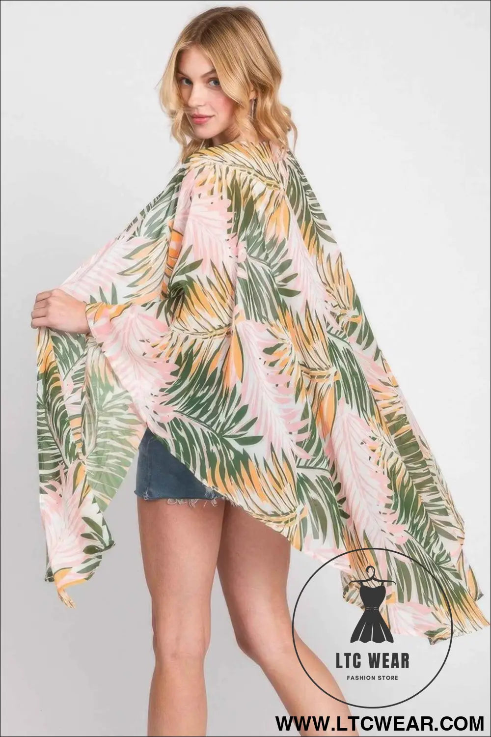 Tropical Leaves Print Shawl Cover-up