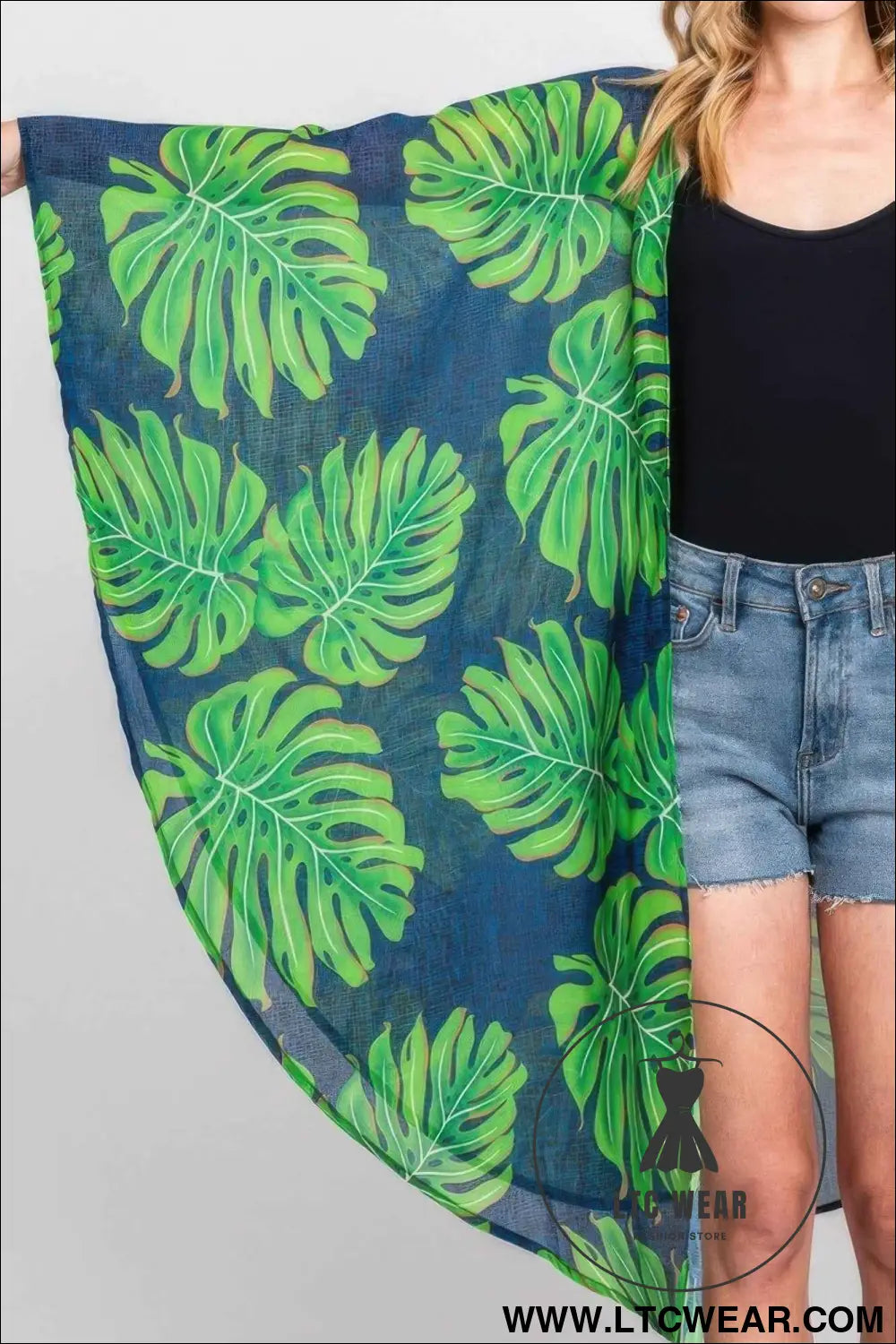 Tropical Leaves Print Shawl Cover-up