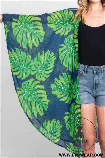 Tropical Leaves Print Shawl Cover-up