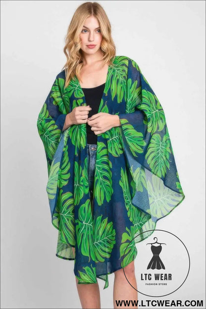 Tropical Leaves Print Shawl Cover-up