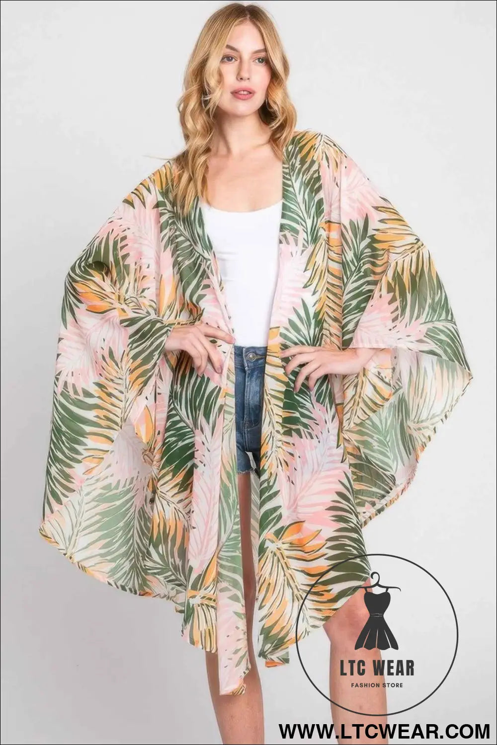 Tropical Leaves Print Shawl Cover-up