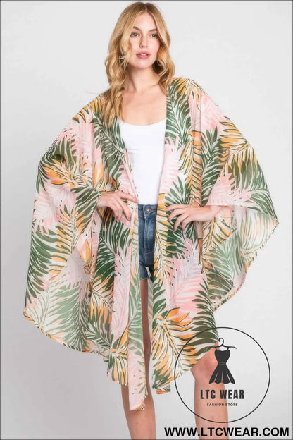 Tropical Leaves Print Shawl Cover-up
