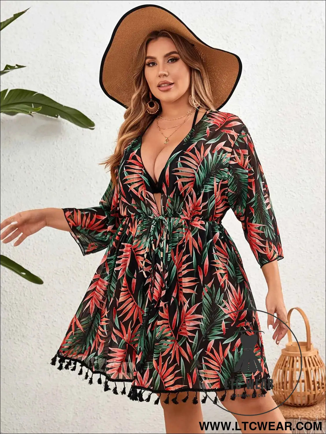 Tropical VNeck Plus Size Blouse for Chic Style