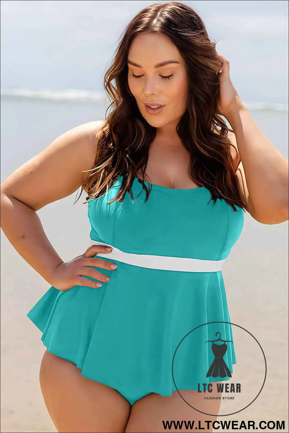 Turquoise Color Block Contrast Waistband Plus Size Flare Two Piece Tankini Swimsuit