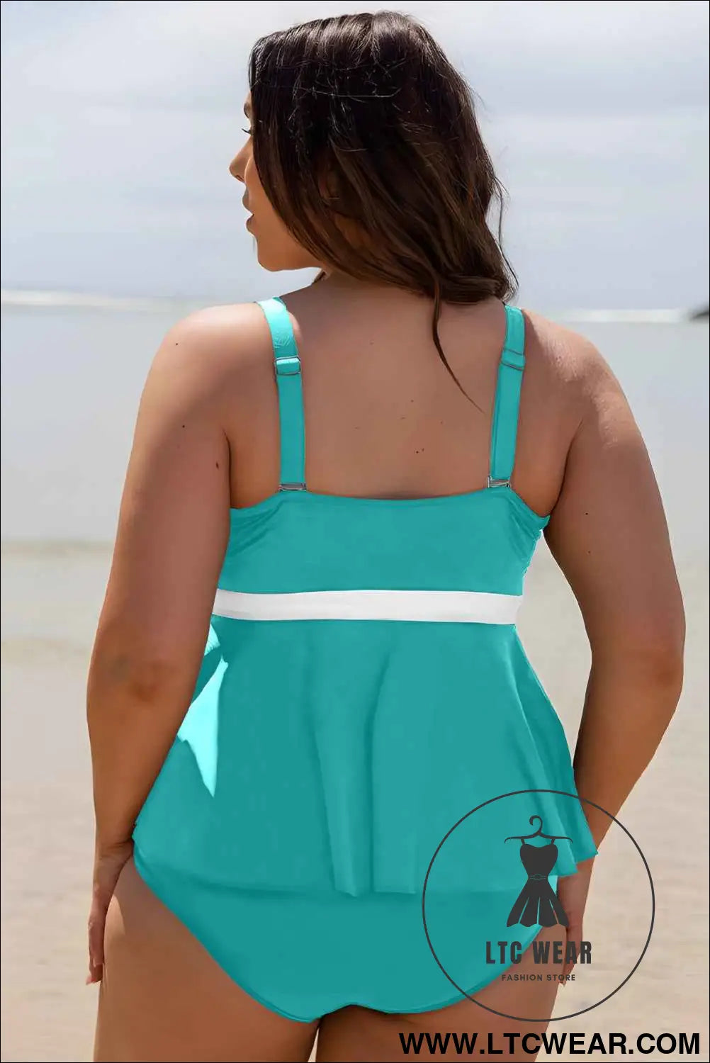 Turquoise Color Block Contrast Waistband Plus Size Flare Two Piece Tankini Swimsuit