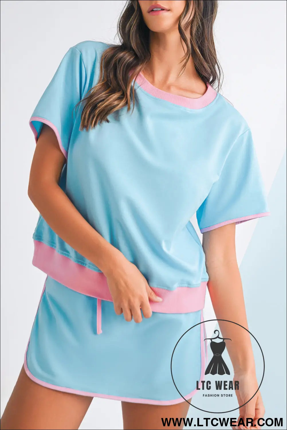 Turquoise colorblock edge drop shoulder t shirt and skort 2pcs set - short sets