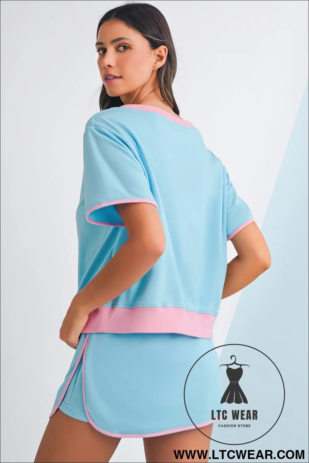 Turquoise colorblock edge drop shoulder t shirt and skort 2pcs set - short sets