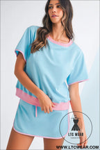 Turquoise colorblock edge drop shoulder t shirt and skort 2pcs set - short sets