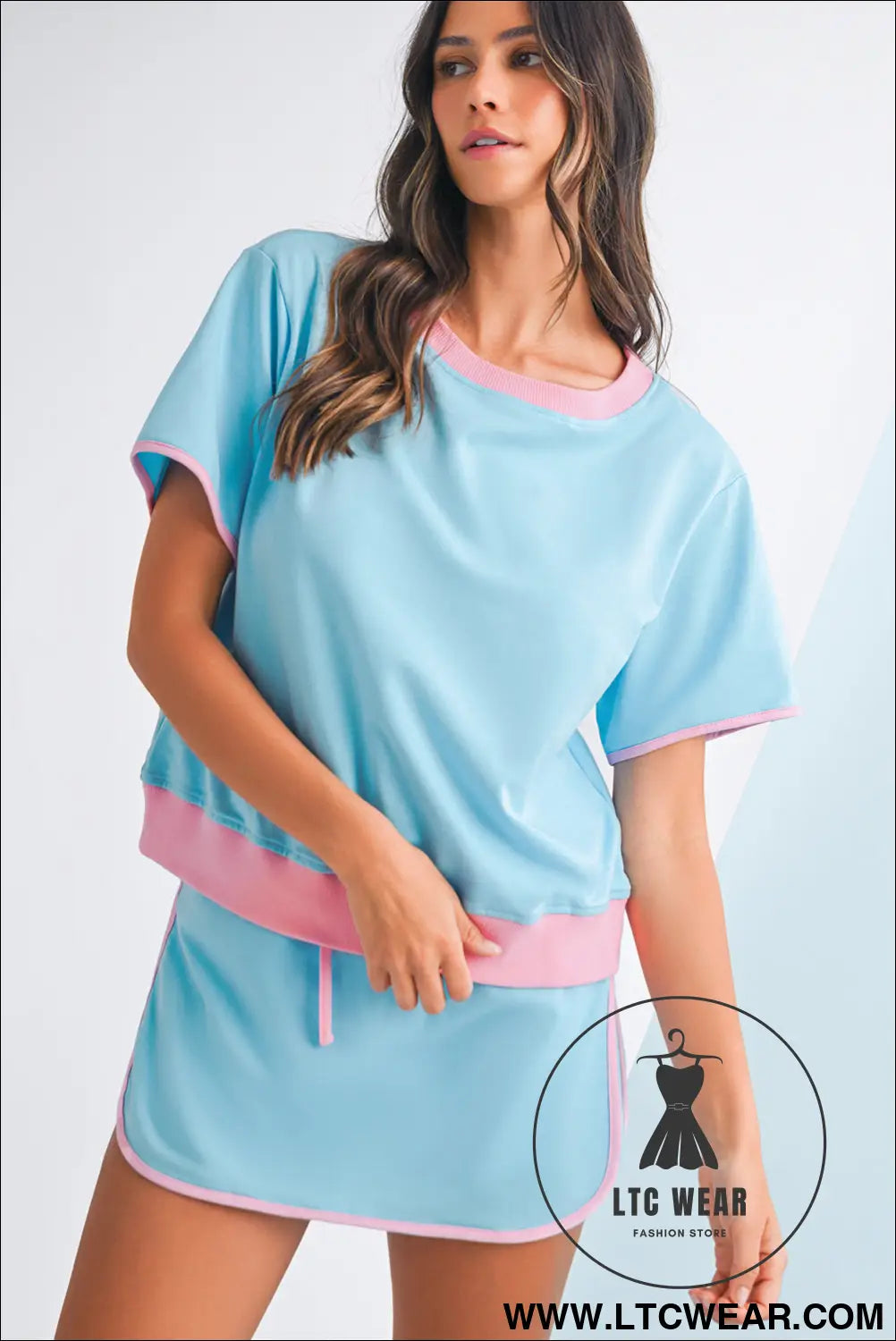 Turquoise colorblock edge drop shoulder t shirt and skort 2pcs set - short sets
