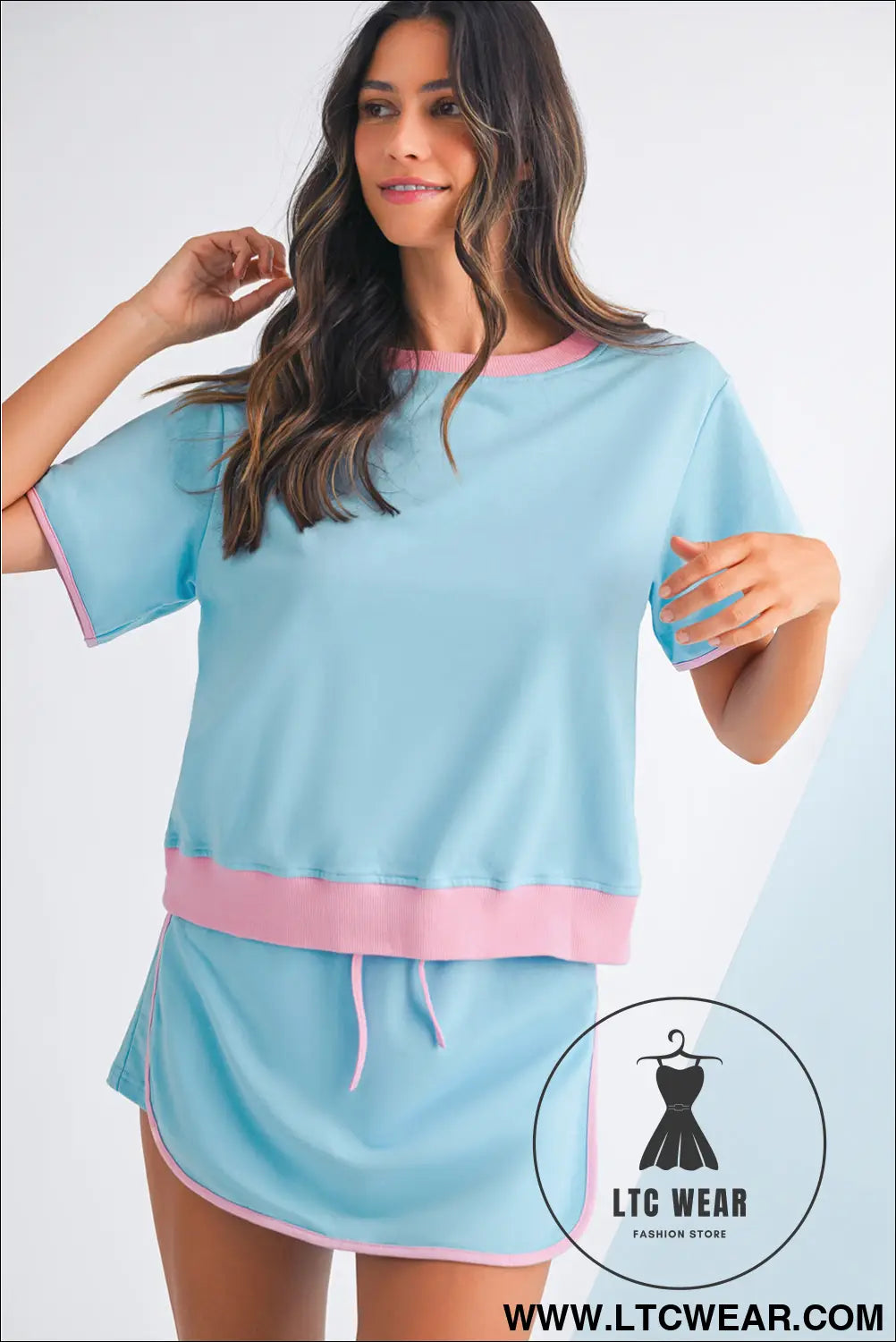 Turquoise colorblock edge drop shoulder t shirt and skort 2pcs set - short sets