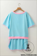 Turquoise plus size contrast trim t shirt and skort two piece set - plus size loungewear