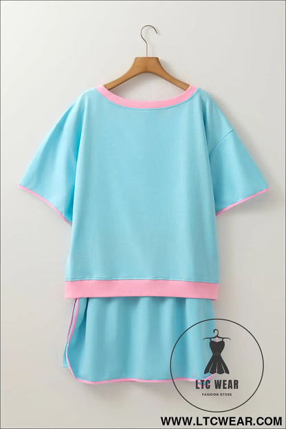 Turquoise plus size contrast trim t shirt and skort two piece set - plus size loungewear