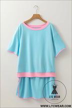 Turquoise plus size contrast trim t shirt and skort two piece set - plus size loungewear