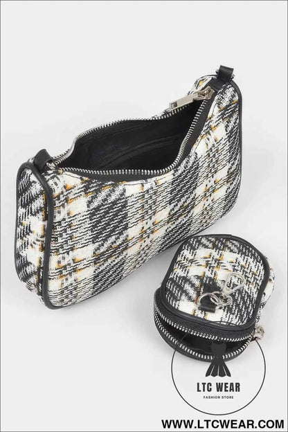 Tweed Plaid Shoulder Bag with Airpod Purse for Stylish Convenience