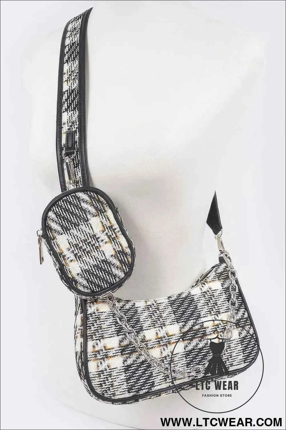 Tweed Plaid Shoulder Bag with Airpod Purse for Stylish Convenience