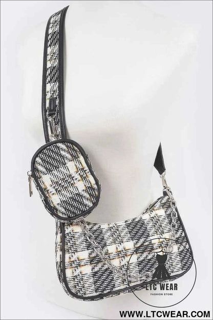 Tweed Plaid Shoulder Bag with Airpod Purse for Stylish Convenience