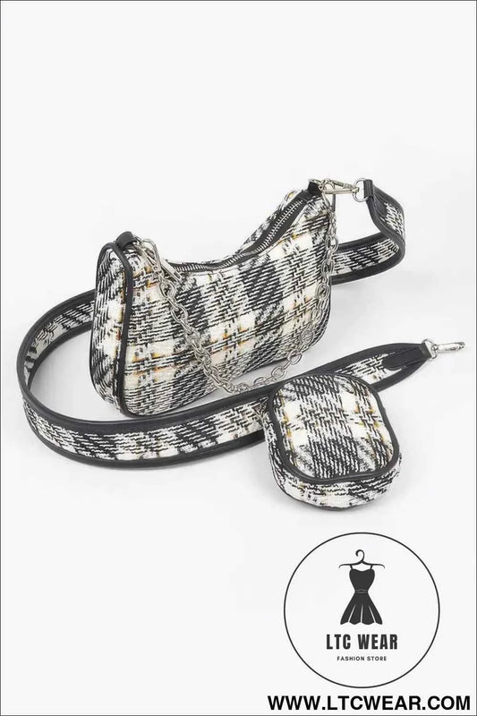 Tweed Plaid Shoulder Bag with Airpod Purse for Stylish Convenience