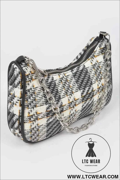 Tweed Plaid Shoulder Bag with Airpod Purse for Stylish Convenience