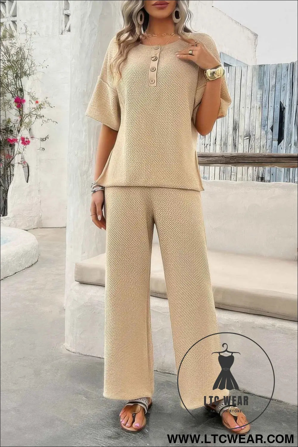 Two Pieces Outfits Knitted Crew Neck Button Set