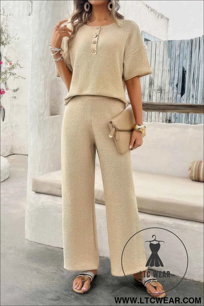 Two Pieces Outfits Knitted Crew Neck Button Set