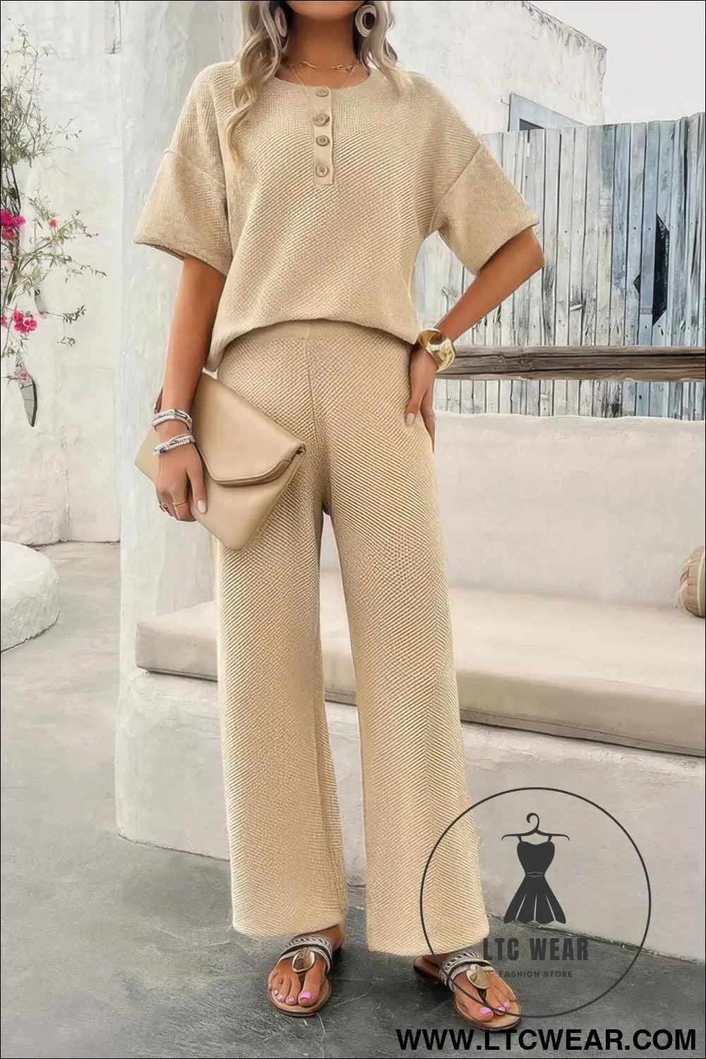 Two Pieces Outfits Knitted Crew Neck Button Set
