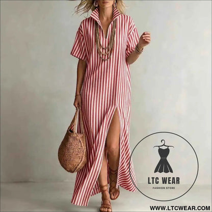 V-neck short sleeved striped split cotton linen dress