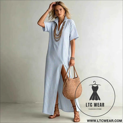 V-neck short sleeved striped split cotton linen dress