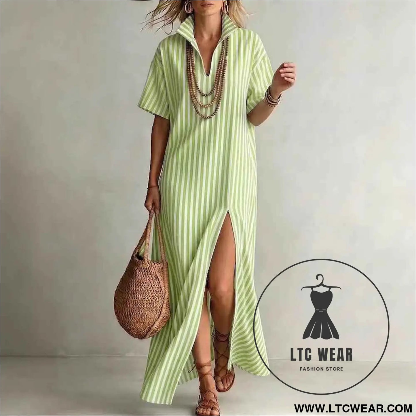 V-neck short sleeved striped split cotton linen dress