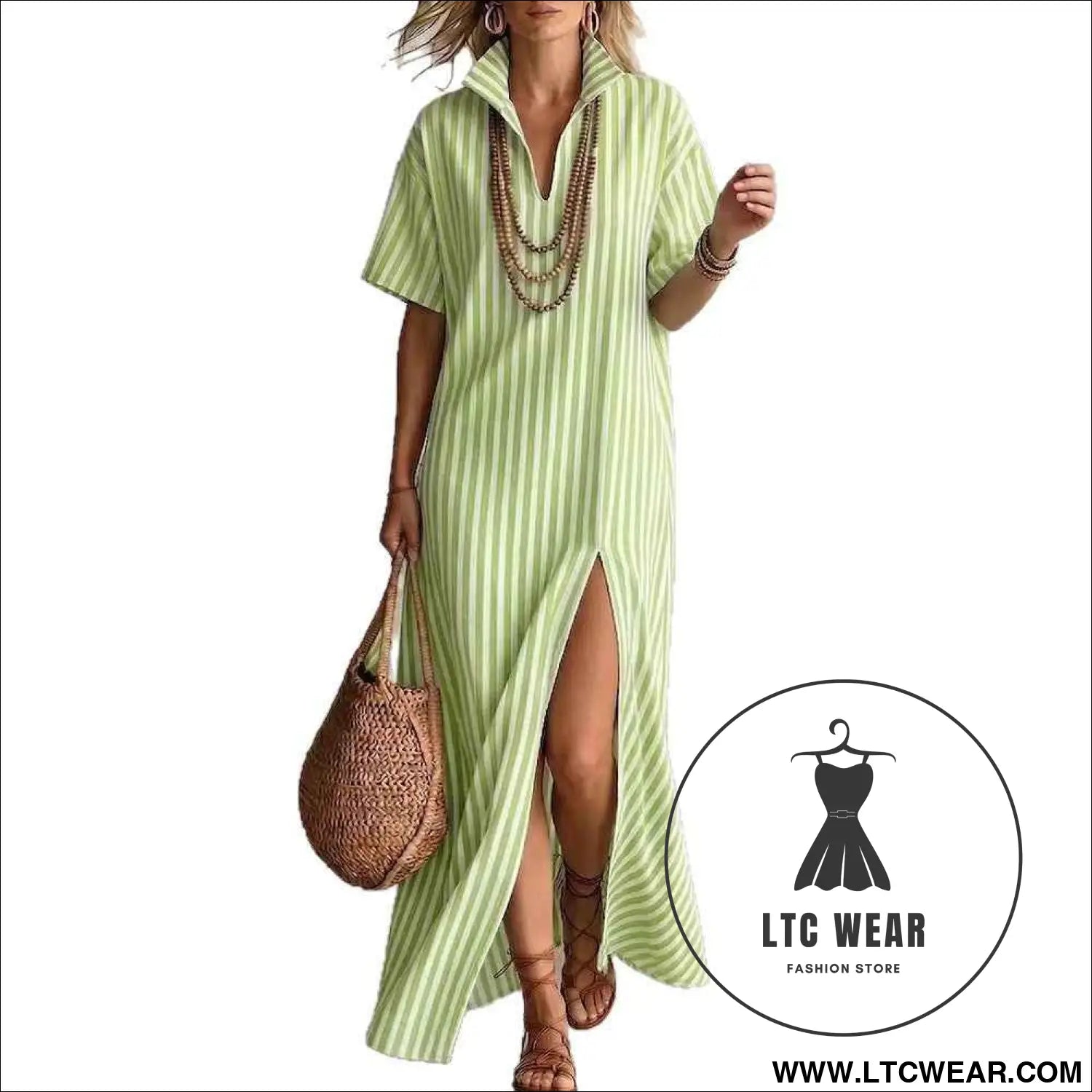 V-neck short sleeved striped split cotton linen dress