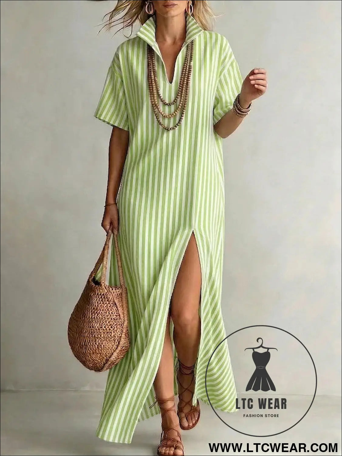 V-neck short sleeved striped split cotton linen dress - L.T.C Wear Online Fashion Store