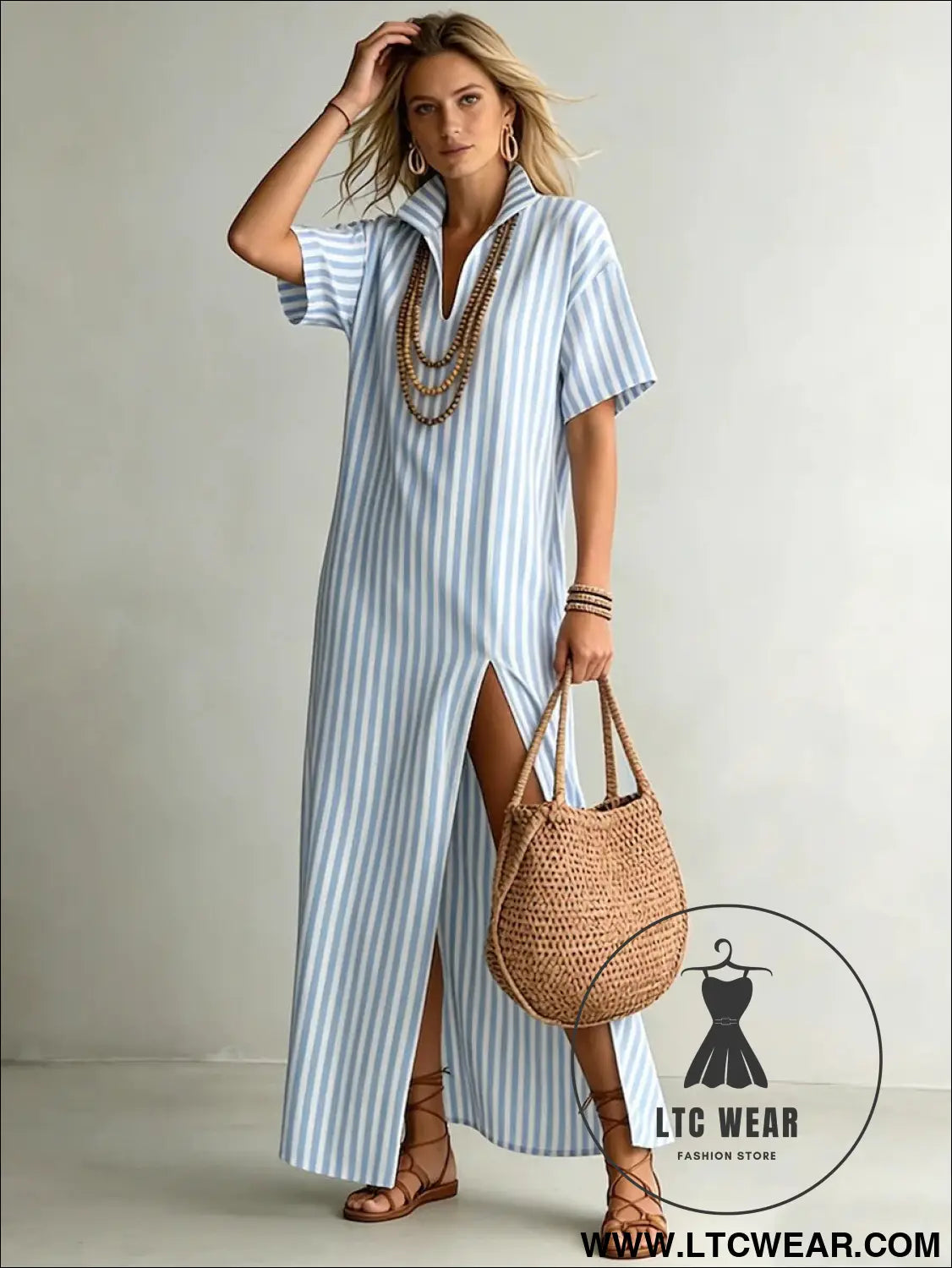 V-neck short sleeved striped split cotton linen dress - L.T.C Wear Online Fashion Store