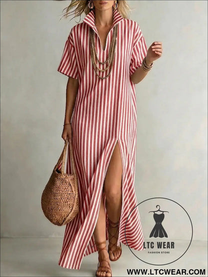 V-neck short sleeved striped split cotton linen dress - L.T.C Wear Online Fashion Store