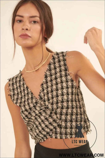 V Neckline Plaid Woven Vest