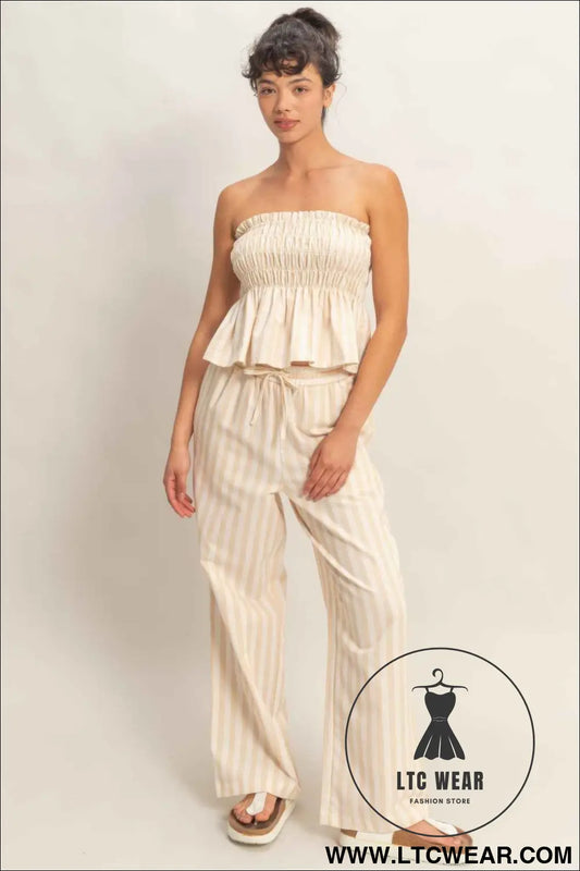 Vertical Striped Elastic Pants With Side Pockets