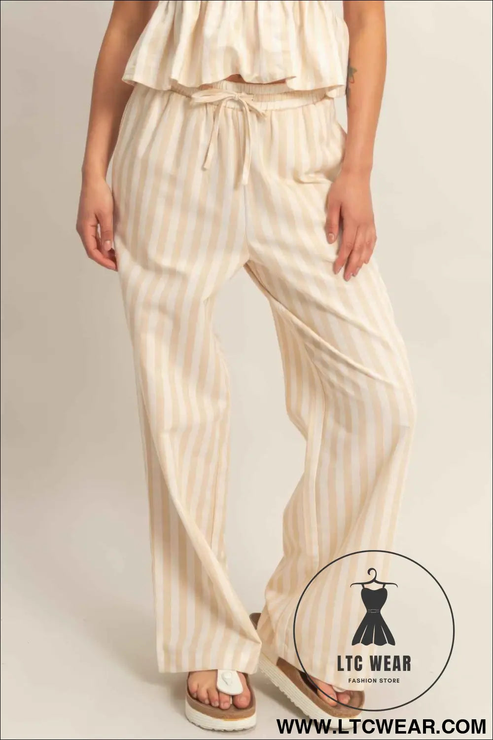 Vertical Striped Elastic Pants With Side Pockets