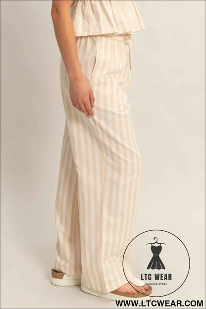 Vertical Striped Elastic Pants With Side Pockets