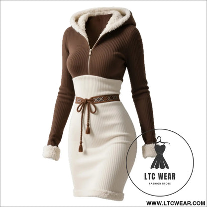 Vintage ethnic style zip-up hooded fitted dress for women