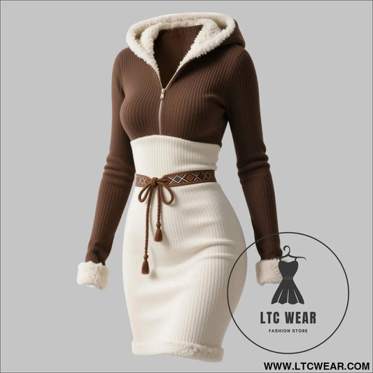 Vintage ethnic style zip-up hooded fitted dress for women - image color (with belt) / s