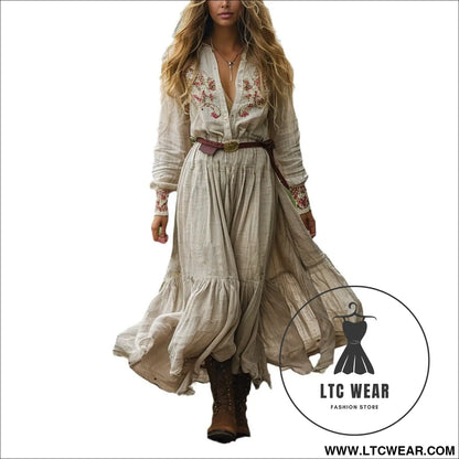 Vintage v-neck floral print long sleeve dress for women