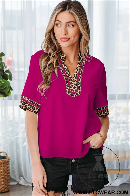 Violet Leopard Patchwork Trim Split Neck Short Sleeve Blouse