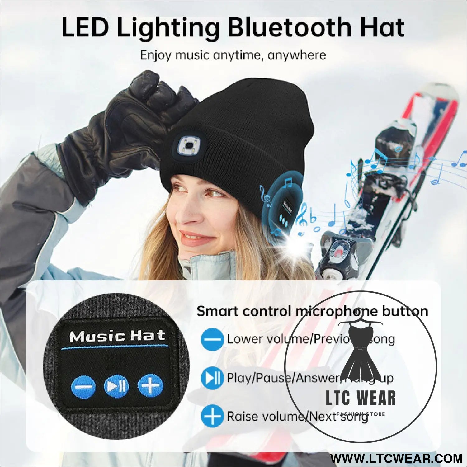Warm led beanie with bluetooth 5.4 stereo usb rechargeable & 3-level adjustable light | music & heating winter hat