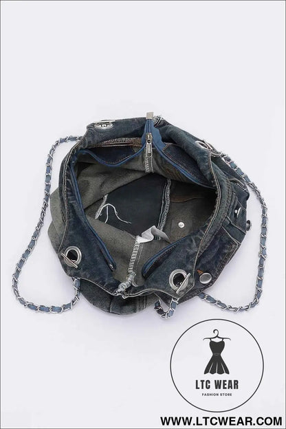 Washed Denim Double Pockets Tote Bag