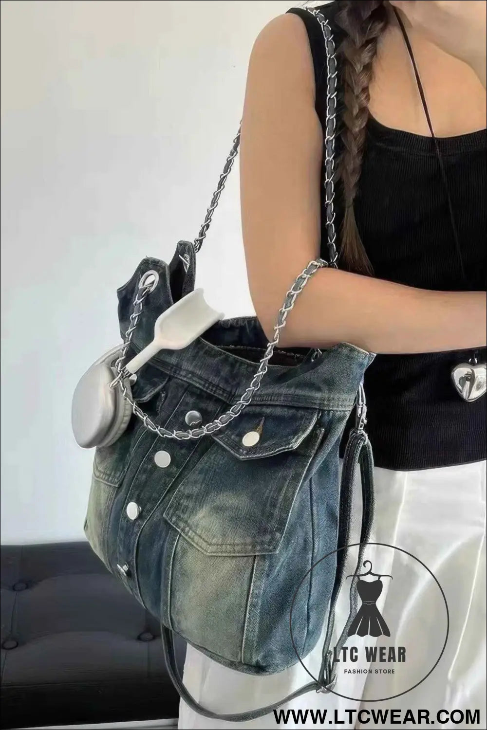 Washed Denim Double Pockets Tote Bag