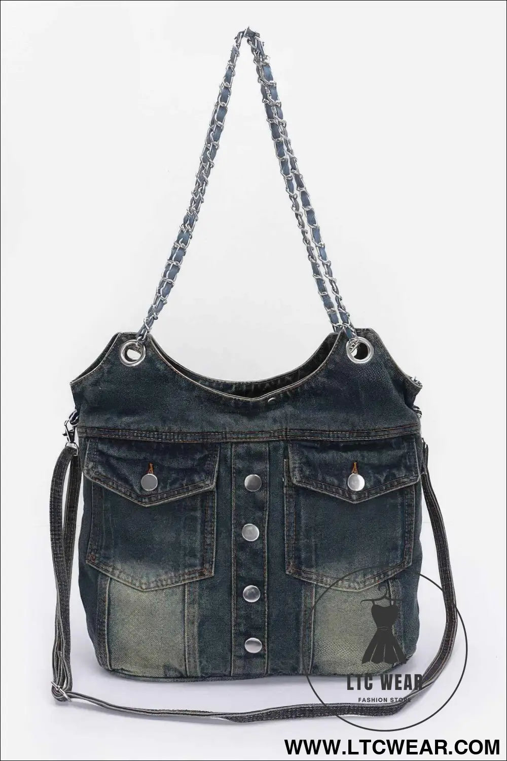 Washed Denim Double Pockets Tote Bag