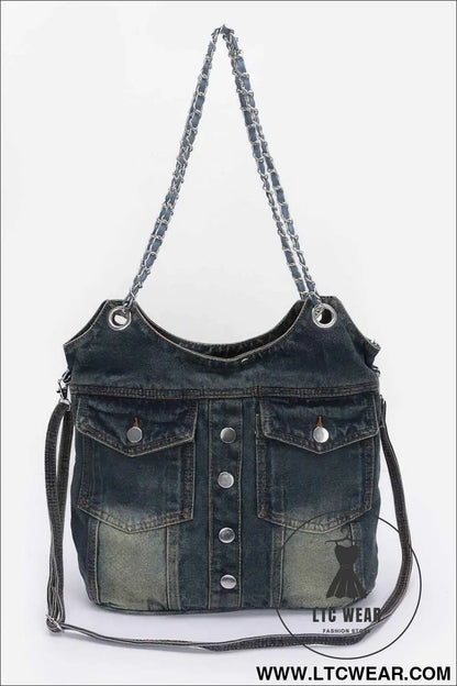 Washed Denim Double Pockets Tote Bag
